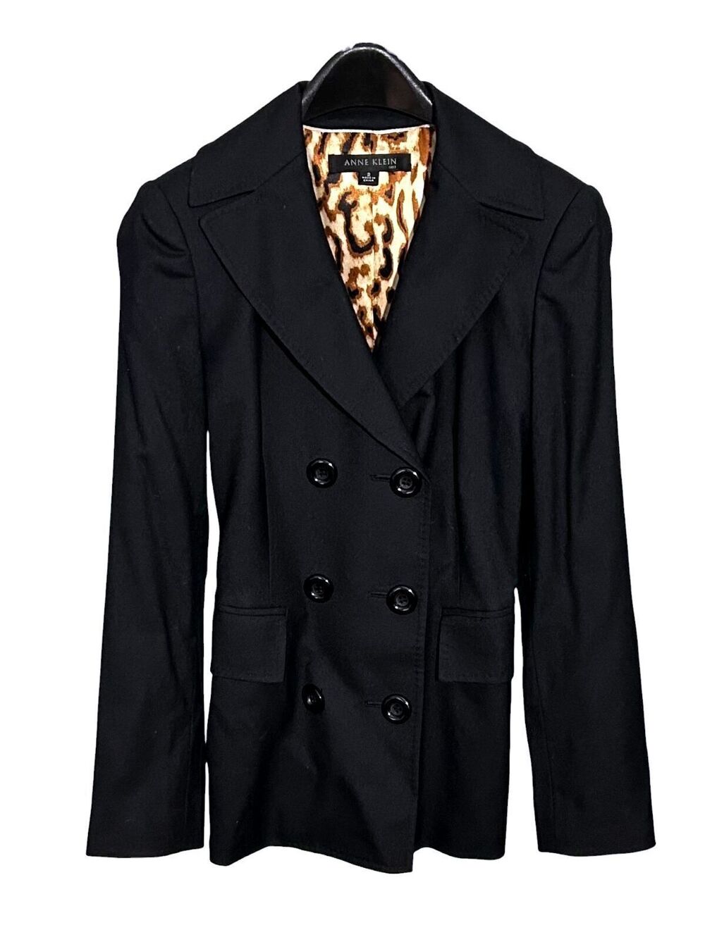 ANNE KLEIN Womens (2) Black Double-Breasted Blazer Coat w/ Leopard Print Lining